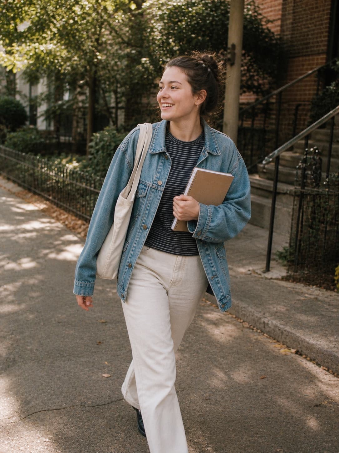 A college student smiling while walking outside