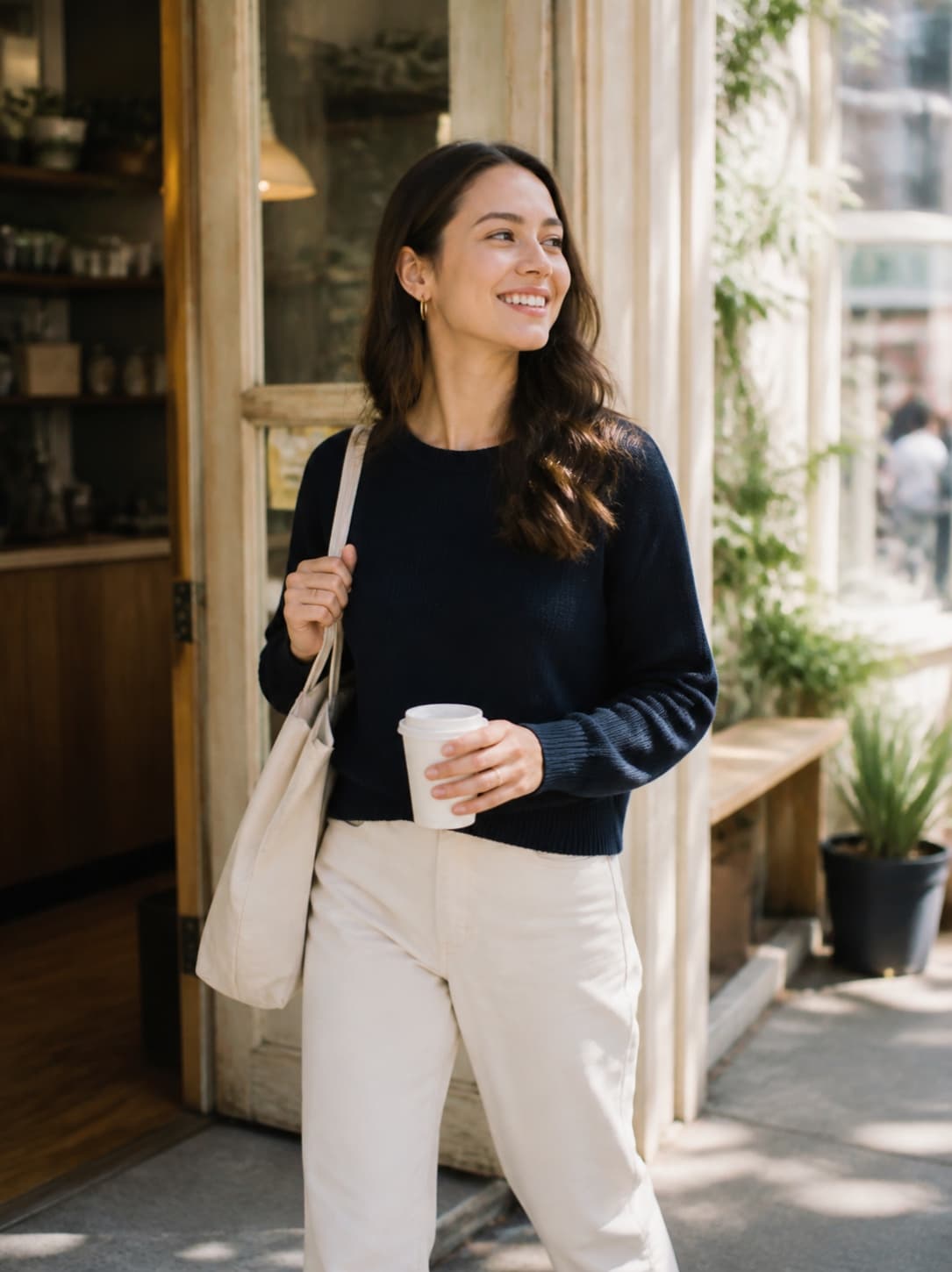 A woman leaving a sunlit cafe with a coffee