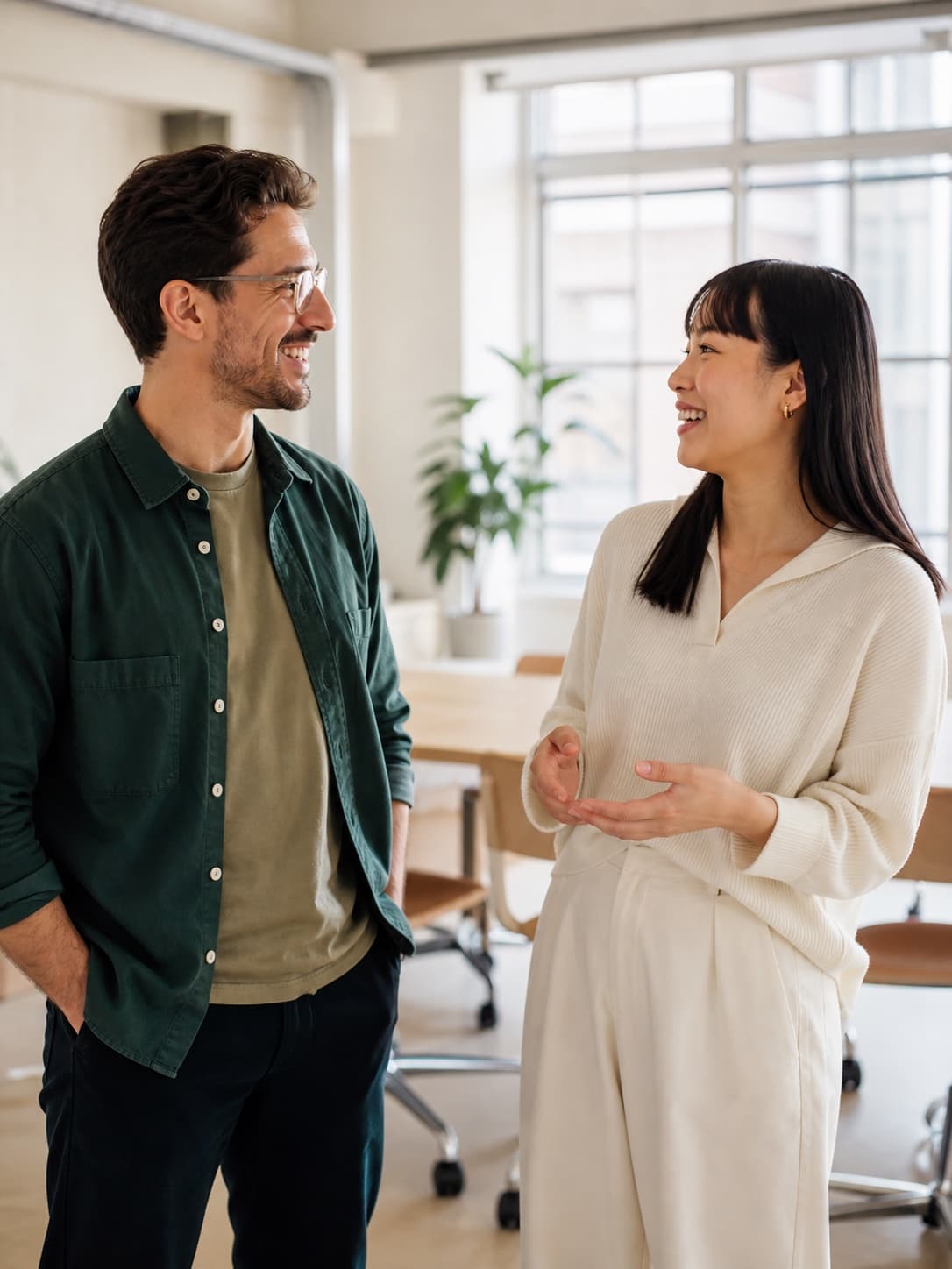 Two colleagues sharing a conversation in a bright office